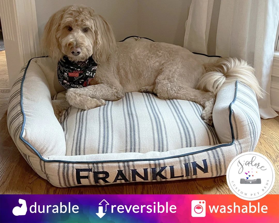 Feedsack Dog Bed with Name Embroidery, Washable Custom Pet Bed, Goldendoodle, Labradoodle Bed wit... | Etsy (US)