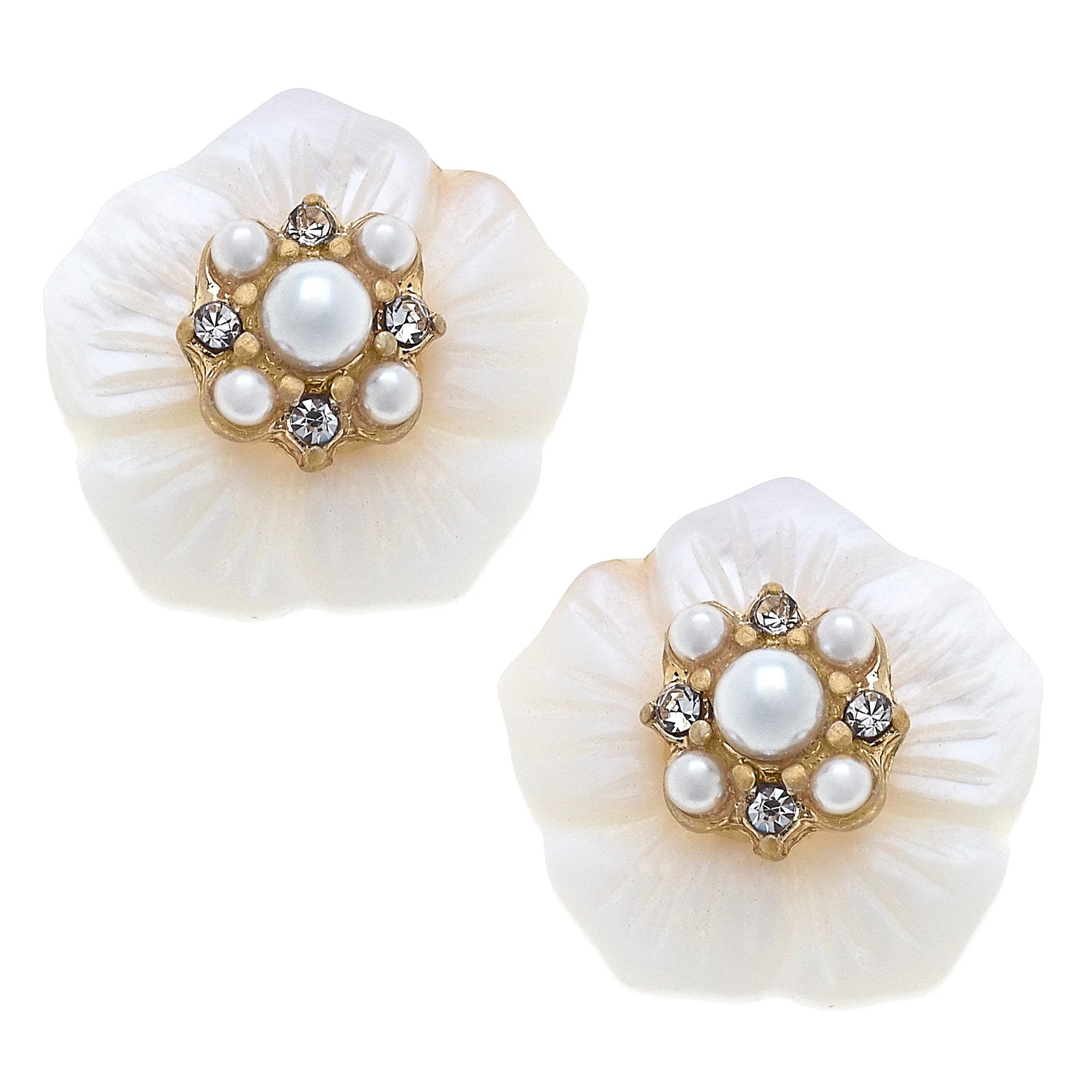 Cassidy Pearl & Rhinestone Flower Stud Earrings in Ivory | CANVAS
