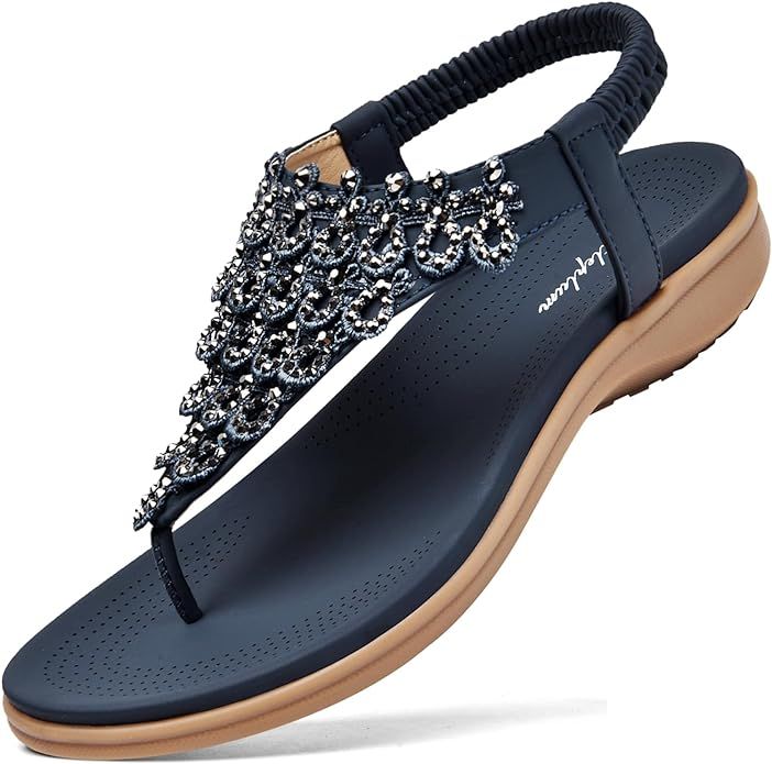 Littleplum Women Arch Support Sandals Rhinestone Casual Wear Flat Sandals Dressy T-Strap Thong Sa... | Amazon (US)