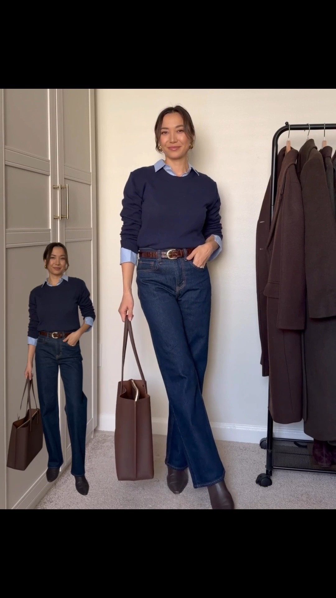 Classic work outfit 

Navy sweater 
Everlane Light blue button up shirt 
Jcrew belt 
Abercrombie relaxed jeans — size 25 
Jcrew booties — linked to this year’s style + they’re on sale! 
Quince leather tote