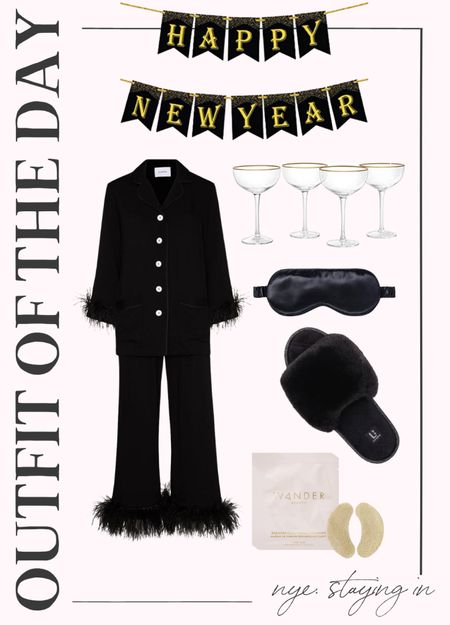 New Years Eve: staying in. Feather pajamas, cozy black slippers, gold rim coop glasses, glitter eye patches! 

#LTKHoliday #LTKunder50 #LTKstyletip