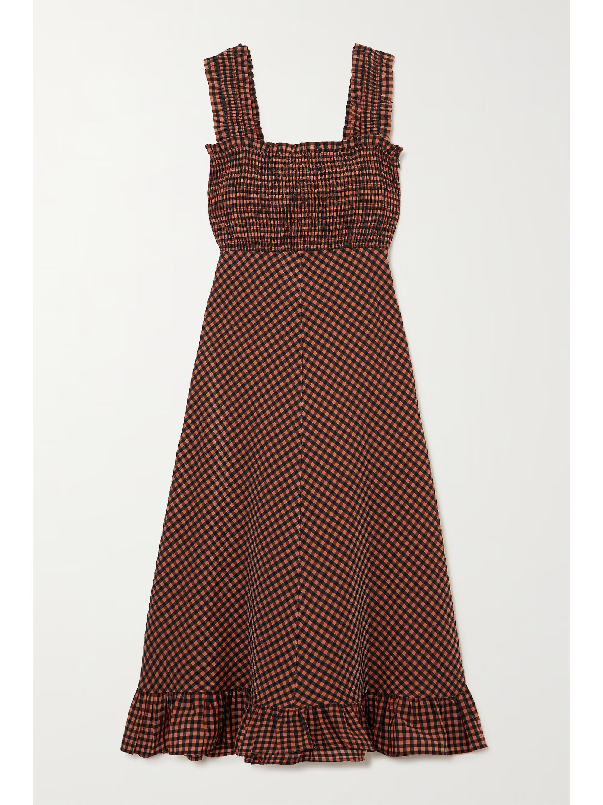 Ruffled smocked gingham seersucker midi dress | NET-A-PORTER (US)