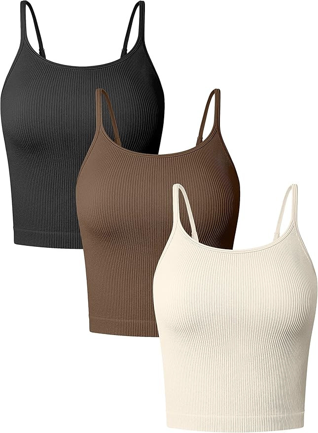 OQQ Women's 3 Piece Tank Tops Ribbed Adjustable Spaghetti Strips Workout Shirts Yoga Crop Tops | Amazon (US)