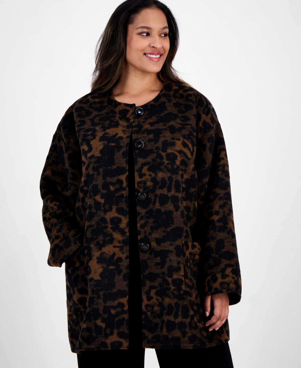 Anne Klein Plus Size Animal-Print Button-Front Jacket - Anne Black Multi | Macy's