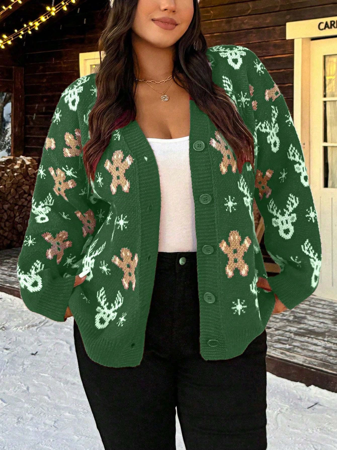 SHEIN Essnce Plus Size Gingerbread Man & Deer Print Front Button Casual Long Sleeve Cardigan | SH... | SHEIN