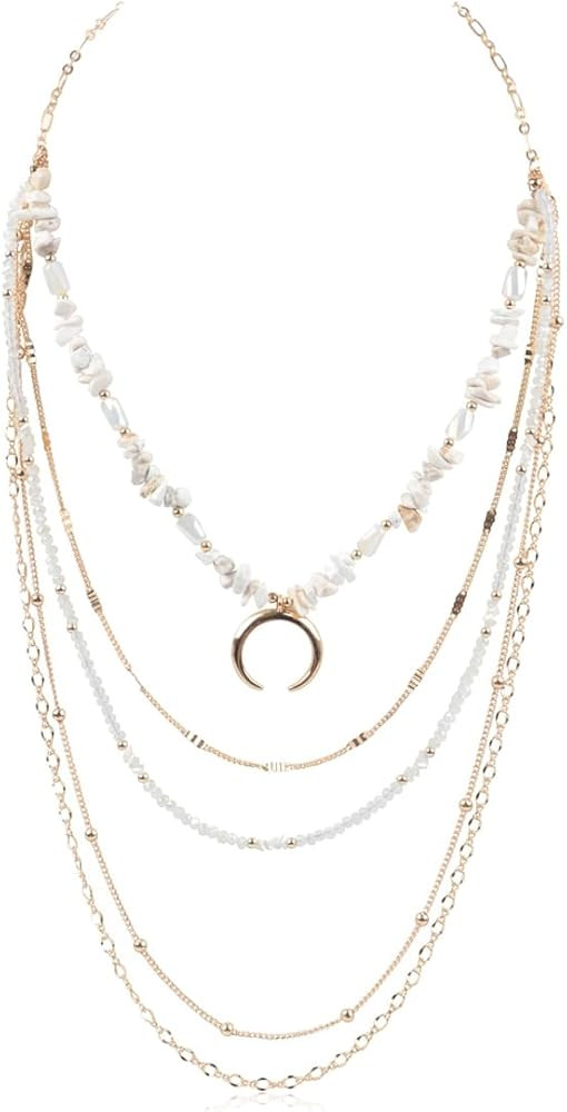 RIAH FASHION Bohemian Pendant Long Beaded Statement Necklace - Sparkly Crystal, Natural Stone Qua... | Amazon (US)