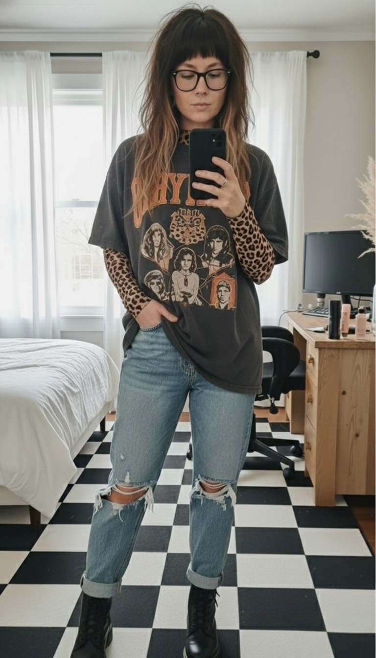 Taking a walk on the wild side with this layered grunge fit! I paired an oversized charcoal band tee with a leopard print turtleneck for that perfect "cool girl" dimension. These distressed straight-leg jeans are my go-to for a relaxed silhouette, and you can’t go wrong with classic black combat boots to finish the vibe.

#LTKgrwm #LTKootd #LTKMidsize