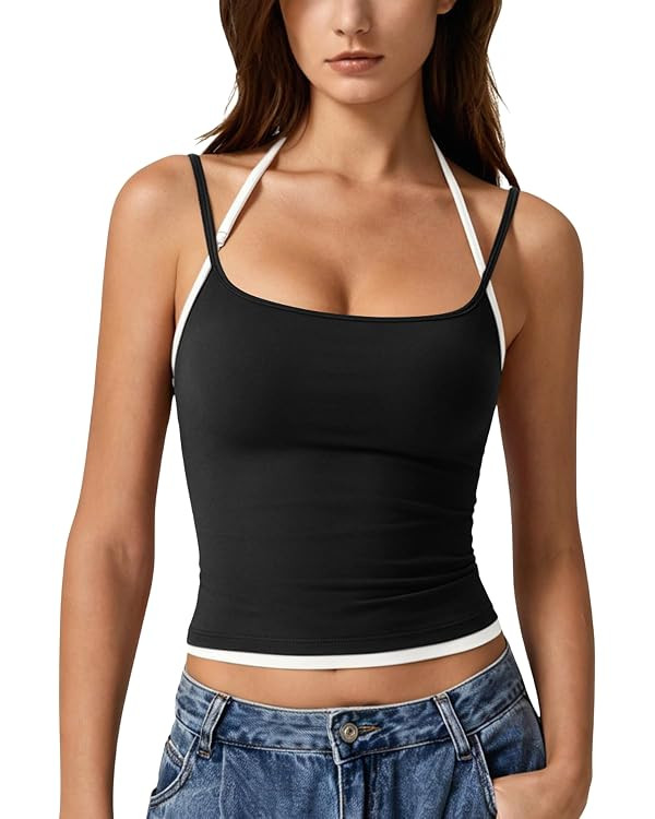 QINSEN Women's Spaghetti Strap Tank Top Slim Fitting Layered Halter Neck Sleeveless Crop Cami Shi... | Amazon (US)