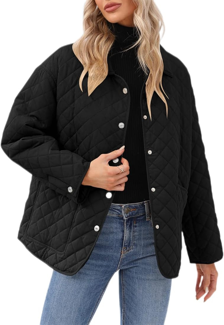 Women's Lapel Lightweight Quilted Jacket Concealed Buckle Long Sleeve Warm Oversized Coat with Two P | Amazon (US)