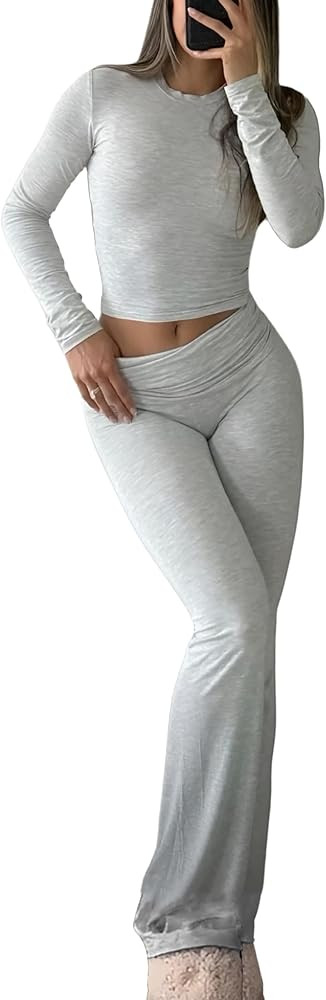 Women's 2 Piece Casual Pajama Set-Slim Fit Long Sleeve Top Low Rise Bell Bottoms-Versatile Yoga L... | Amazon (US)