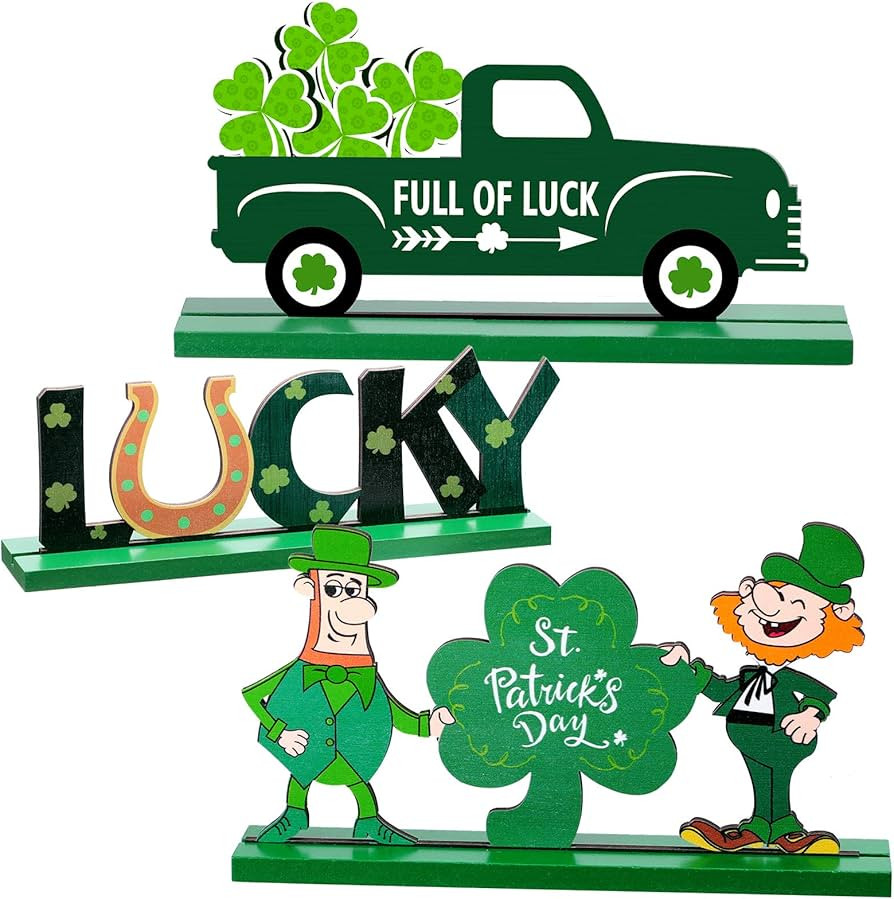 Chuangdi 3 Pieces Wooden St. Patrick’s Day Table Sign Decoration Shamrock Lucky Sign Green Truc... | Amazon (US)