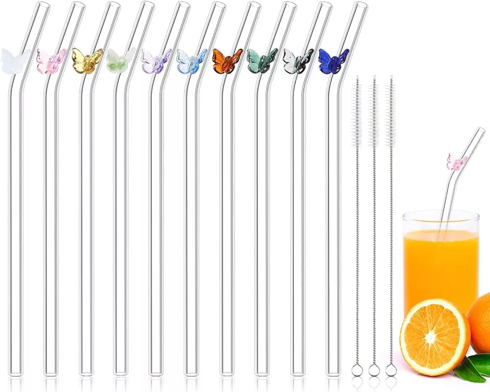 9 Pcs Reusable Glass Straws Shatter Resistant 10''x8mm 3 Straight