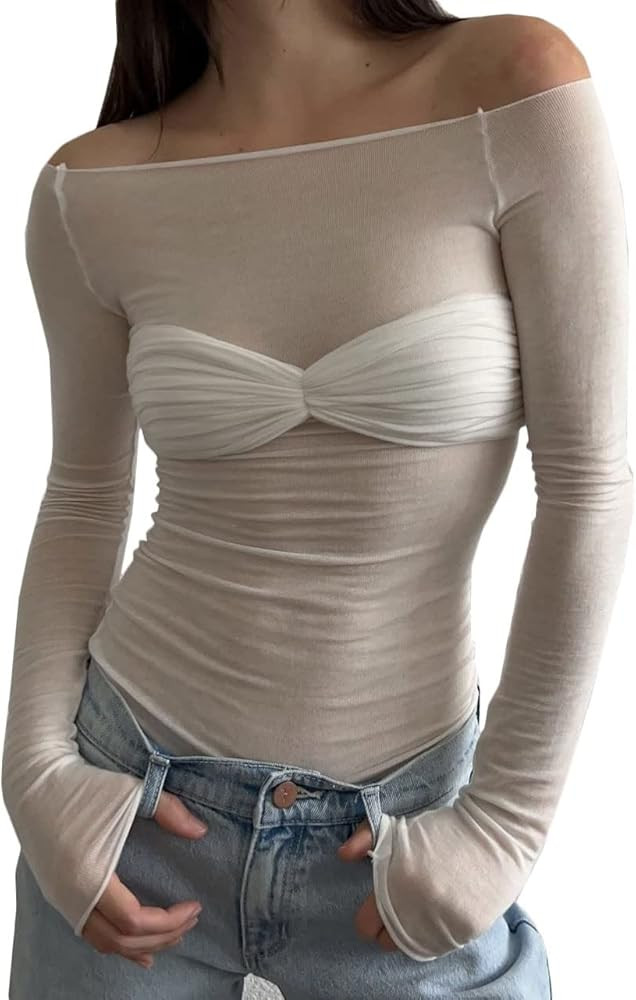 Meladyan Women Off Shoulder Ruched Sheer Mesh Sexy Tshirt Top Long Sleeve Pleated See Through Sol... | Amazon (US)