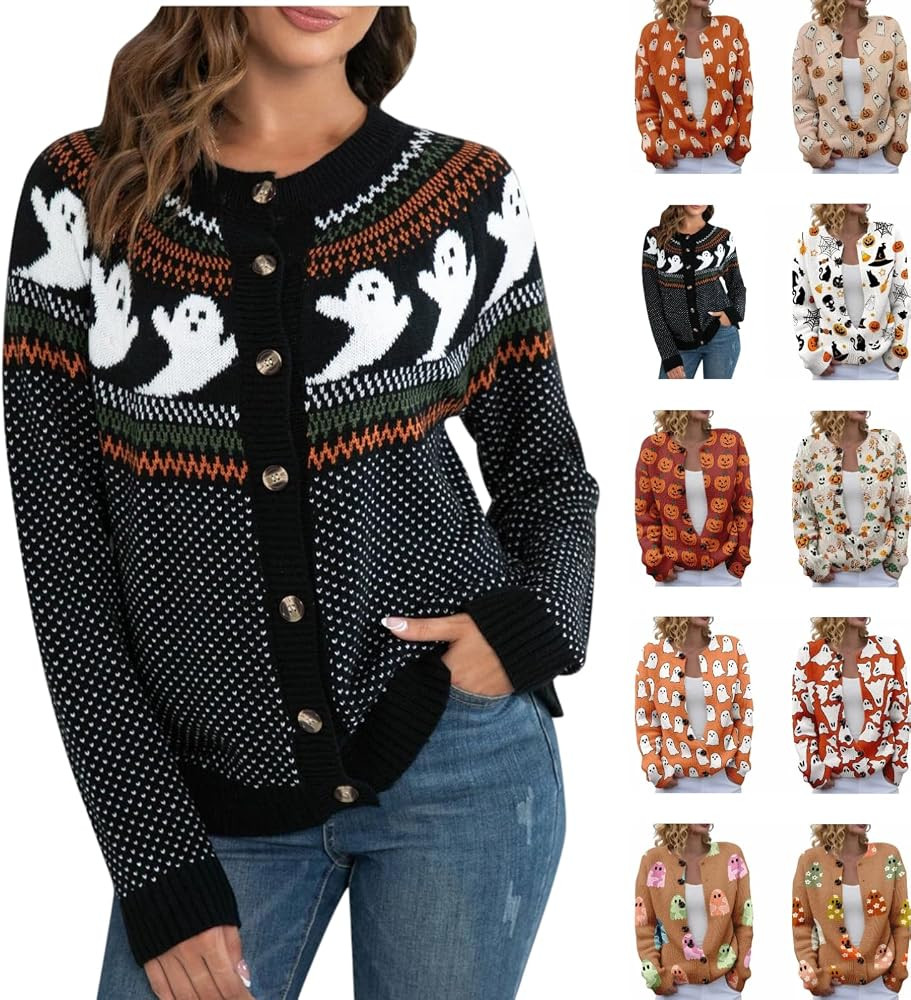 Halloween Sweaters For Women Casual Pullover Knitted Cardigan Long Sleeve Ghost Graphic Fall Crew... | Amazon (US)
