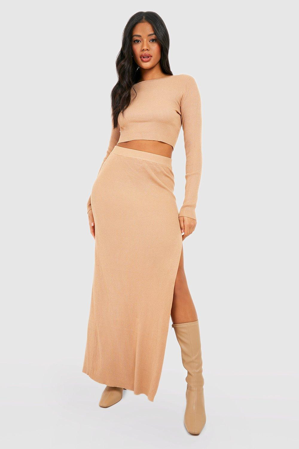 Womens Rib Knit Sweater And Maxi Skirt Two-Piece - Beige - Xl | Boohoo.com (US & CA)