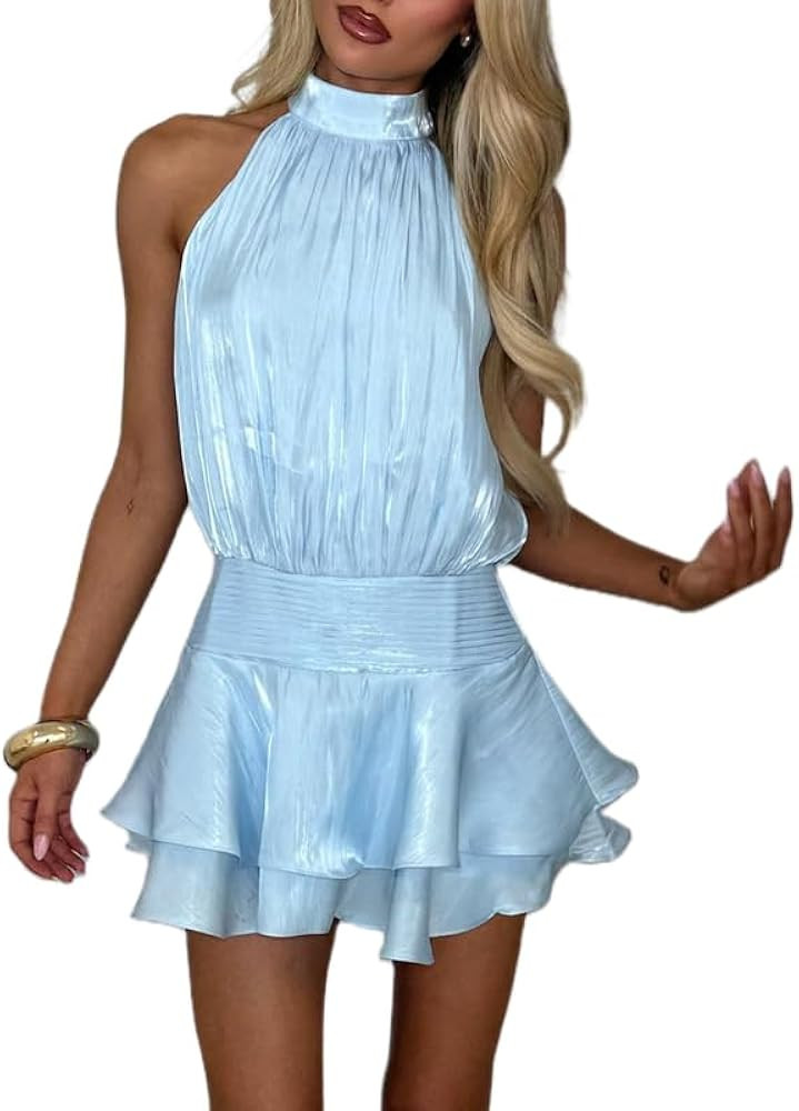 Women Halter Tie Neck Mini Dress Open Back Ruffle Short Dress Summer Flowy Beach Sundress Party C... | Amazon (US)