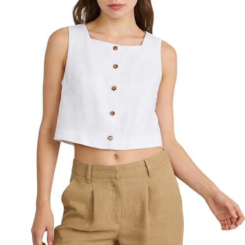 Amazhiyu Womens 100% Linen Square Neck Crop Tank Tops White, Medium | Amazon (US)