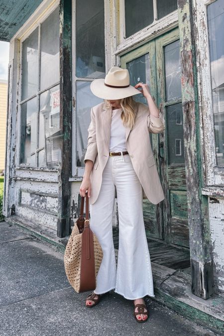 Neutral summer outfit with straw hat, linen blazer, white jeans, Gucci sandals, raffia tote bag

#LTKShoeCrush #LTKSeasonal #LTKFindsUnder100