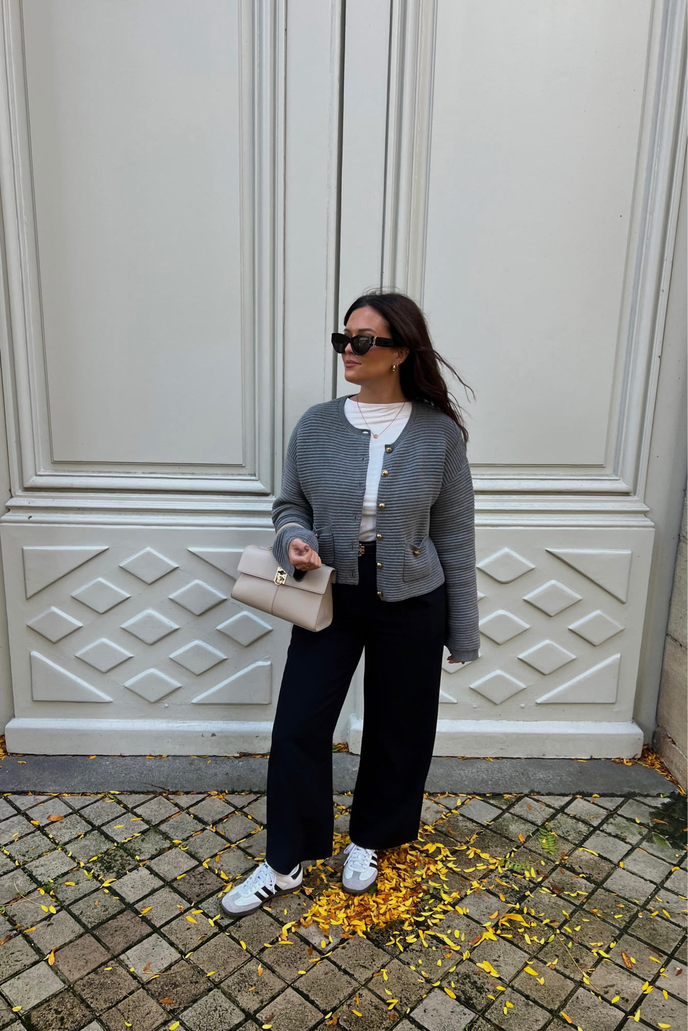 Autumn outfit, Abercrombie Sloane wide leg black trousers, chunky knit cardigan, adidas sambas  

#LTKcurves #LTKeurope #LTKautumn