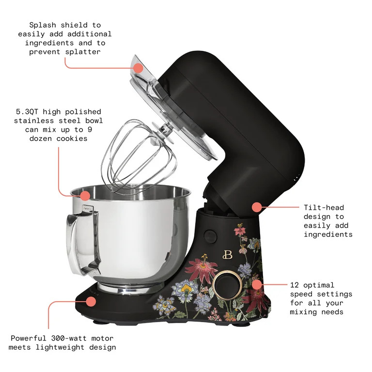 Beautiful 5.3 Qt Stand Mixer with Flat Beater, Dough Hook, Balloon Whisk, Wildflower Black Sesame... | Walmart (US)