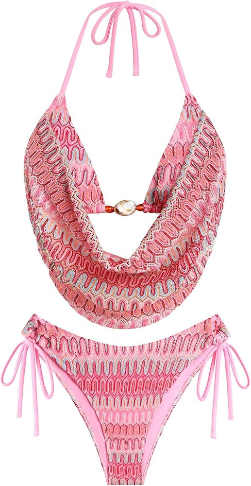 ZAFUL Women's Two Piece Bikini Sets Triangle Halter Swimsuit Deep V Cowl Neck Ruching Bathing Sui... | Amazon (US)