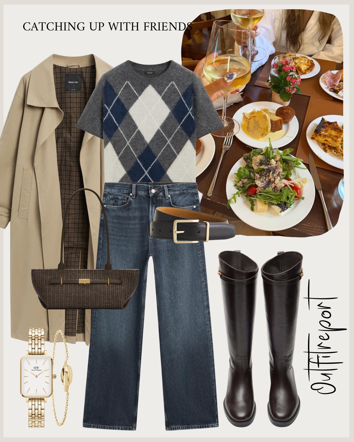 Brunch with friends in tall boots, trench coat, denim jeans, checked sweater top