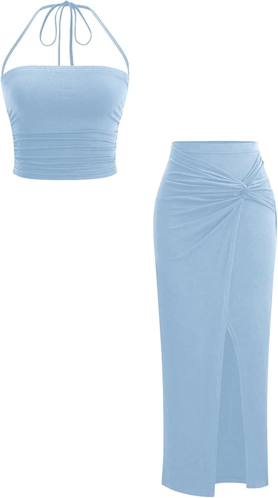 Verdusa Women's 2 Piece Vacation Outfits Ruched Crop Halter Top with Asymmetrical Slit Long Skirt... | Amazon (US)