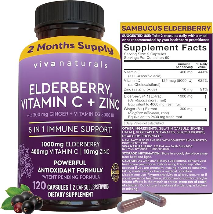 Viva Naturals Elderberry with Vitamin C and Zinc for Adults - 5 in 1 Sambucus Black Elderberry Ca... | Amazon (US)