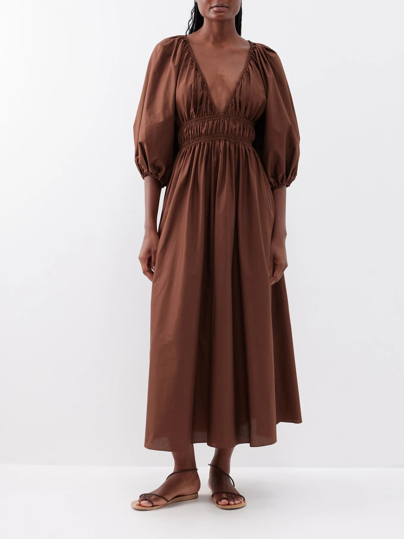 Plunge-neck shirred organic-cotton dress | Matches (US)