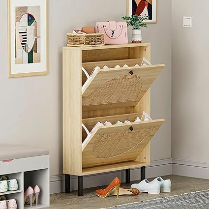 SSLine Shoe Cabinet with Flip Down Storage Shelves Free-Standing Shoe Rack Rustic Wood Shoe Stora... | Amazon (US)