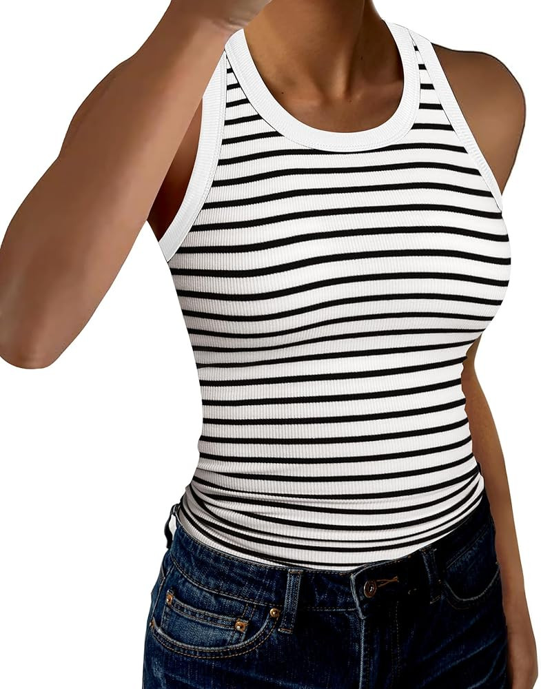 Womens Tank Tops High Neck Sleeveless Ribbed Tank Casual Basic Thick Strap Slim Fitted Racerback ... | Amazon (US)
