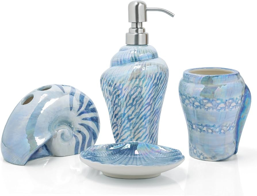Ocean Conch Sea Shell Ceramic Bathroom Accessories Set of 4,1 Gargle Cups 1 Toothbrush Holders 1 ... | Amazon (US)