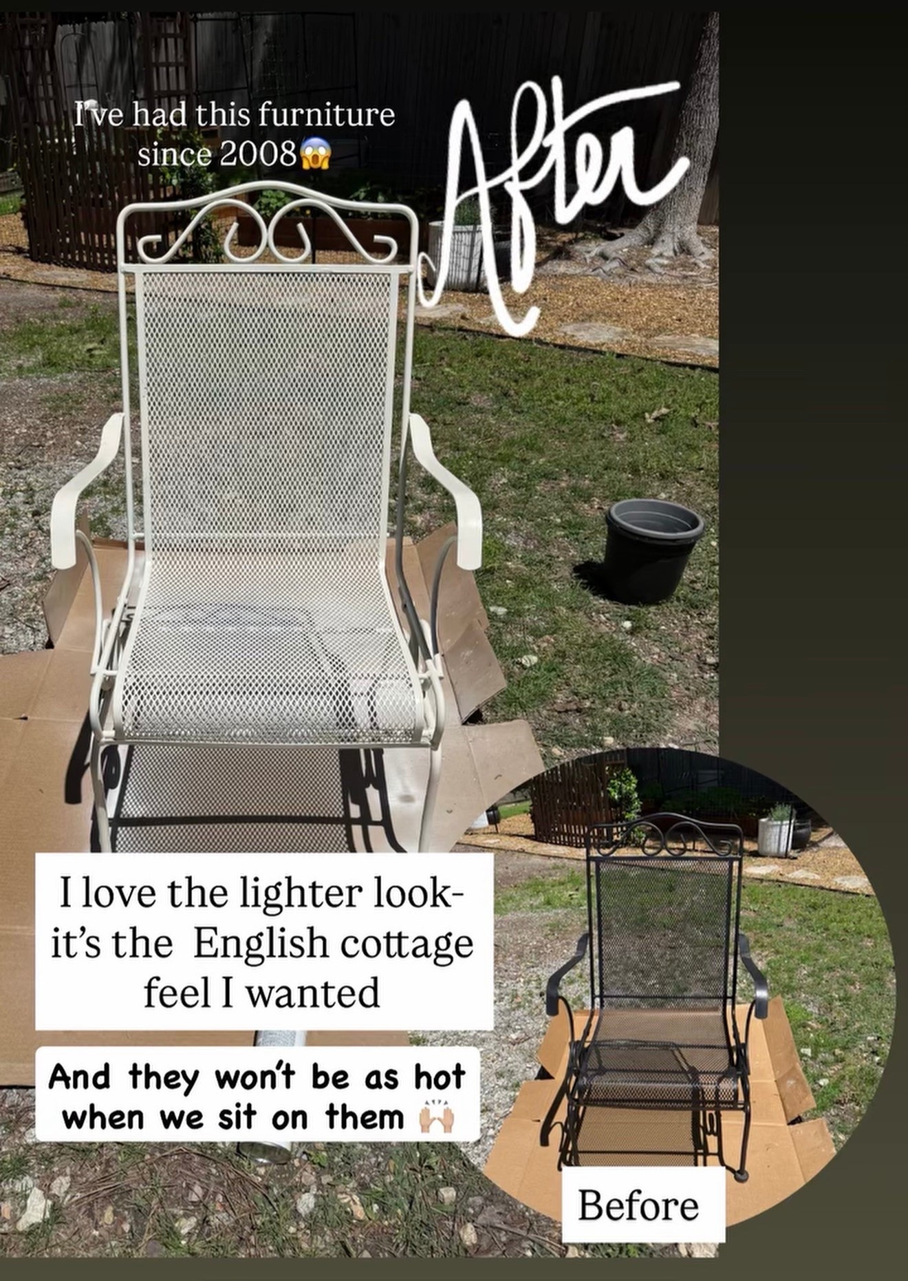 I gave my outdoor table and chair set a refresh with paint.  It looks like a completely new set now and has a softer European cottage feel that I am wanting .

Steps:
1. Clean the furniture - I just used a garden hose for mine- but you may need to do a little scrubbing depending on how dirty it is
2. I lightly sanded any chipping areas with 220 grit sandpaper.
3. I sprayed 2 light coats letting each coat dry completely. Then touched up any areas that may have needed any extra.*

* the spray paint I used is a paint and primer in one. 

***my outdoor wrought iron table and chairs is from 2008

#LTKmomlife #LTKSeasonal #LTKHome