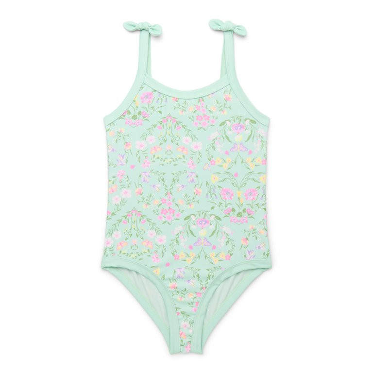 Wonder Nation Girls Floral Print Tie Shoulder One Piece Swimsuit with UPF 50+, Sizes 4-18 & Plus | Walmart (US)