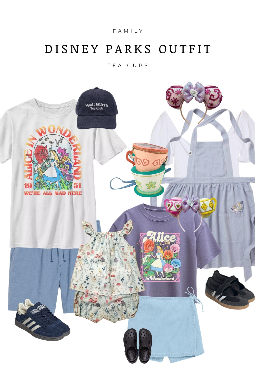 Cute Disney Parks family outfit inspired by Alice in Wonderland and the Mad Hatter teacups ride. Matching mom, dad, and toddler outfits featuring graphic tees, Minnie ears, denim skirt, overalls, and comfy park shoes. Perfect for Disneyland or Disney World outfit planning. Great for spring and summer park days, casual Disney style, and coordinating family outfits.

#LTKootd #LTKTravel #LTKKids