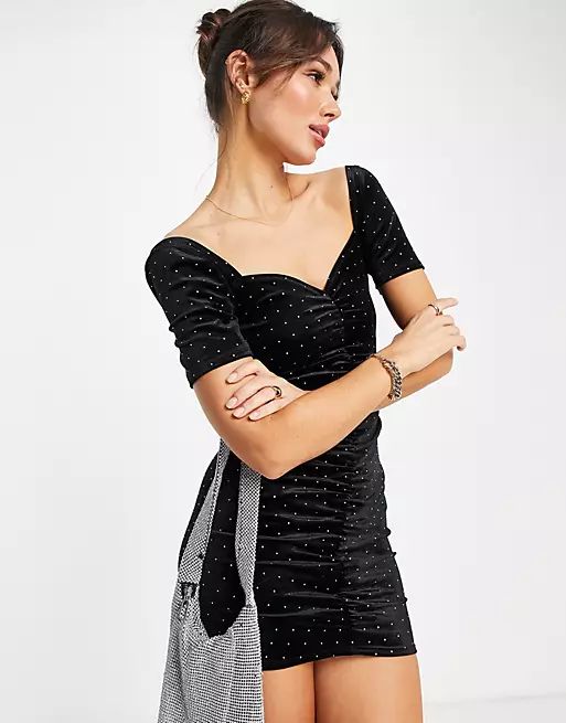 ASOS DESIGN velvet mini dress with ruching and crystals in black | ASOS (Global)