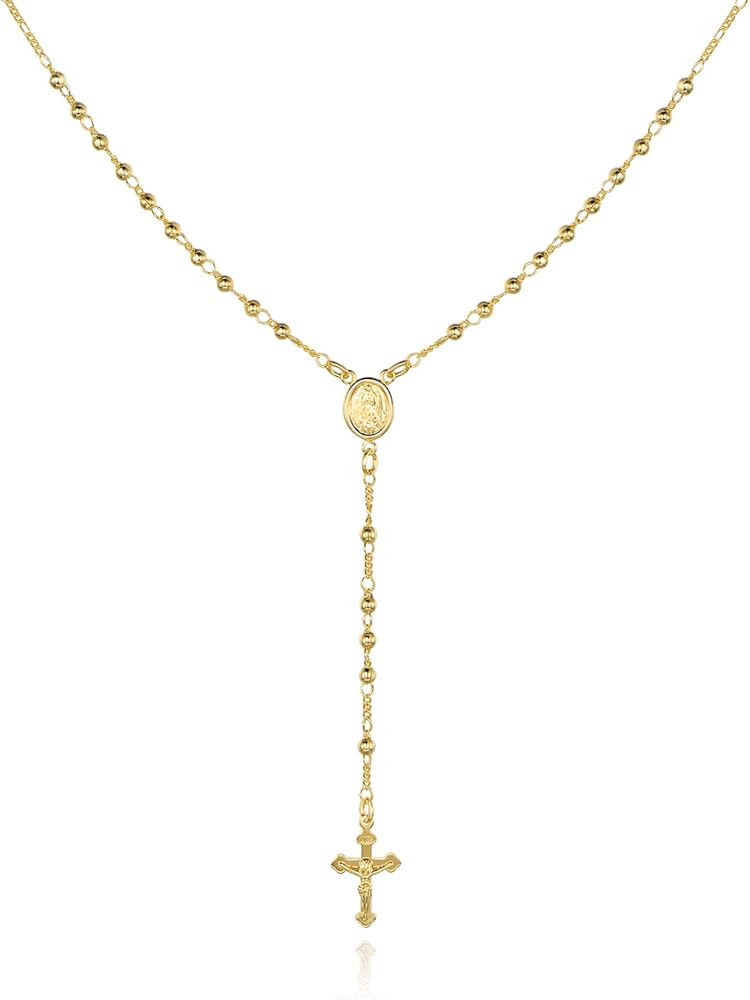 Barzel 18K Gold Plated Virgin Mary Rosary Bead Cross Necklace - Made In Brazil | Amazon (US)