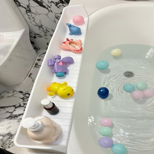 DubiLaka 31.5" Bathtub Splash Guard for Kids & Toddlers - Silicone Play Shelf & Toy Storage Tray with Strong Suction Cups to Prevent Water Spills, No-Leak Fun Bath Time - Tub Toy Holder Ledge,White | Amazon (US)