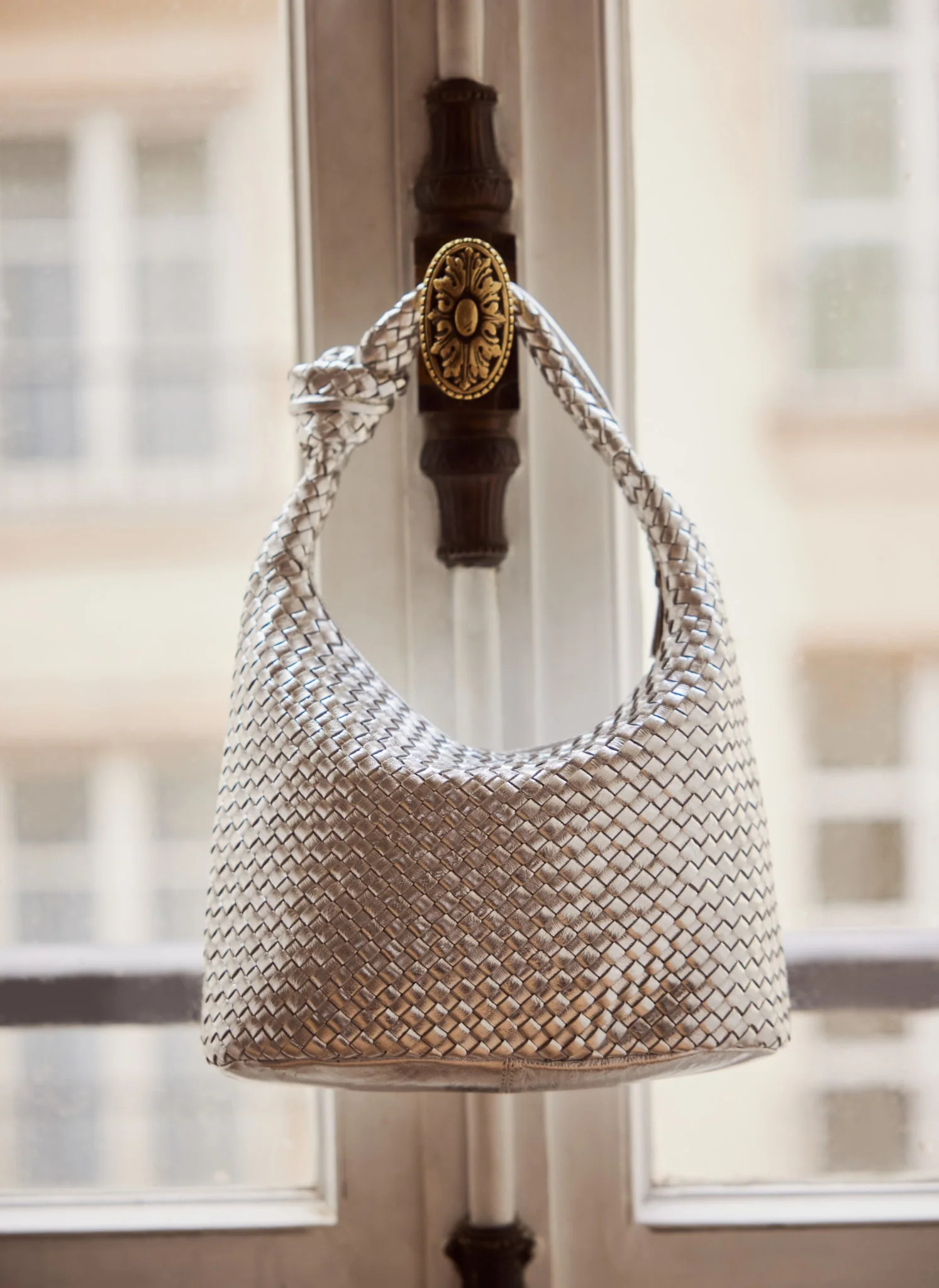 Silver Leather Woven Grab Bag | Mint Velvet