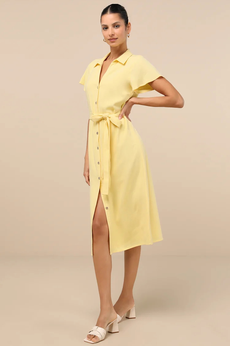 Italian Summer Light Yellow Linen Button-Up Short Sleeve Dress | Lulus