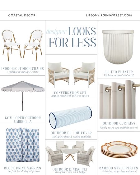 The cutest new coastal patio decor designer looks for less! Includes white outdoor bistro chairs, rope style conversation set, fluted planter, scalloped umbrella, striped outdoor bolster pillow, cabana stripe outdoor curtains, block print napkins, outdoor dining set, and bamboo melamine plates! See even more finds here: https://lifeonvirginiastreet.com/home-decor-looks-for-less-2/
.
#ltkhome #ltksalealert #ltkseasonal #ltkfindsunder100 #ltkfindsunder50 #ltkstyletip #ltkover40 coastal decorating dress, budget decor, neutral decor, grandmillennial decor, coastal grand 

#LTKhome #LTKsalealert #LTKSeasonal