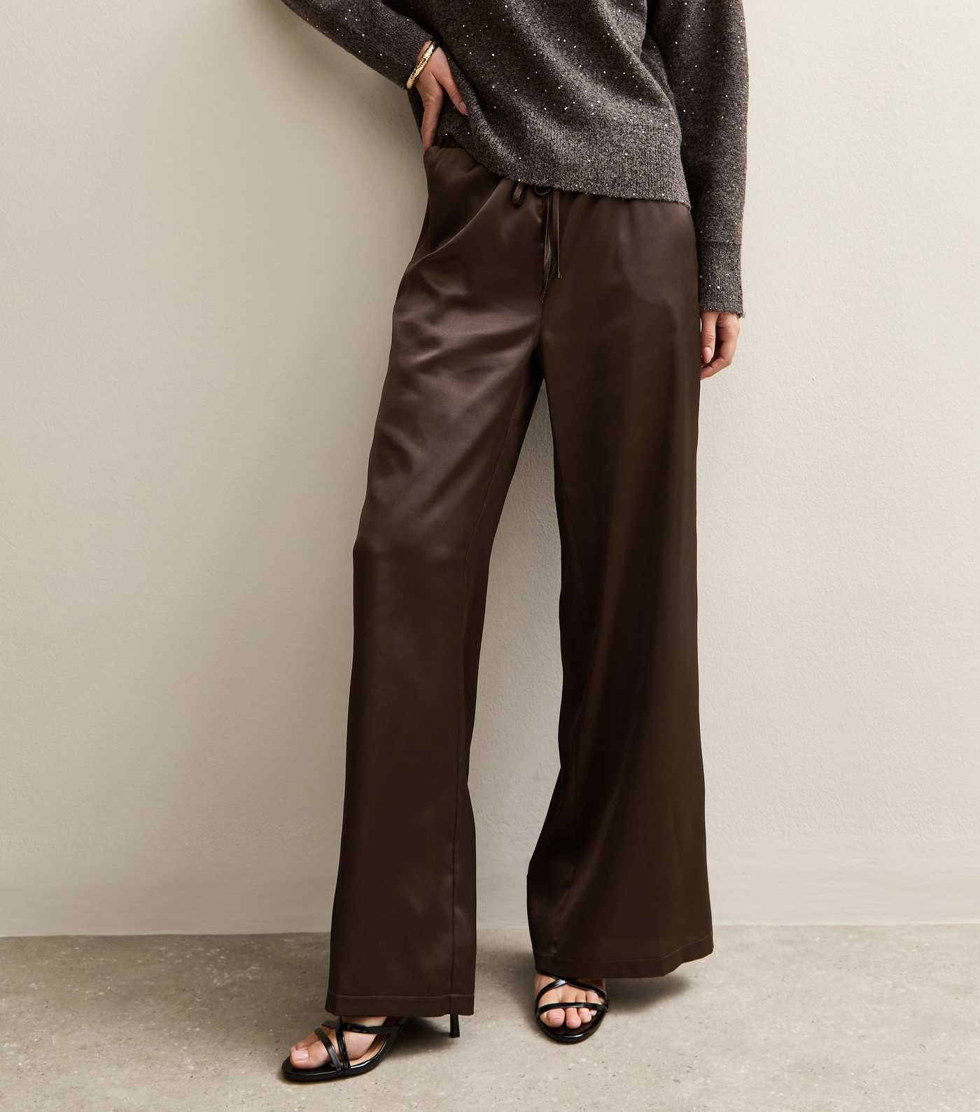 Dark Brown Satin Wide Leg Trousers | New Look | New Look (UK)
