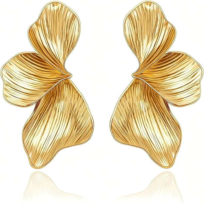 Chunky Gold Statement Earrings For Women Trendy Gold Plated Sectored Flower Leaf Angel Wing Earri... | Amazon (US)