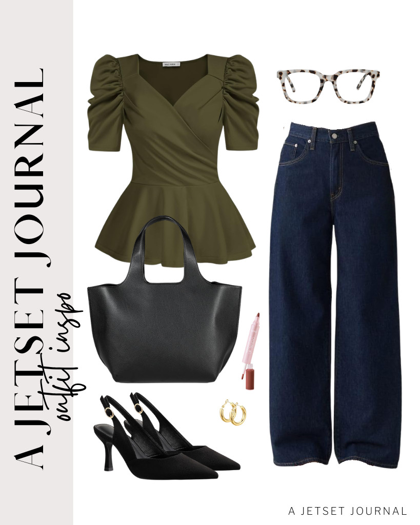 Our next outfit is an olive green GRACE KARIN puff-sleeve blouse paired with baggy jeans. For this fit, you can use an oversized tote bag from Amazon Essentials and Rilista kitten-heel slingbacks.

#LTKSeasonal #LTKSaleAlert #LTKTravel
 

 