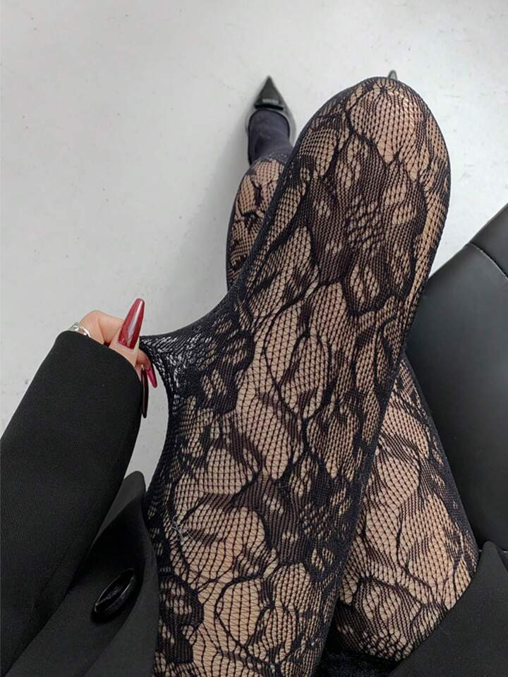 TrendsVintage Lace Net Stockings, Women's Sexy Hollow Flower Mesh Sheer White Pantyhose | SHEIN