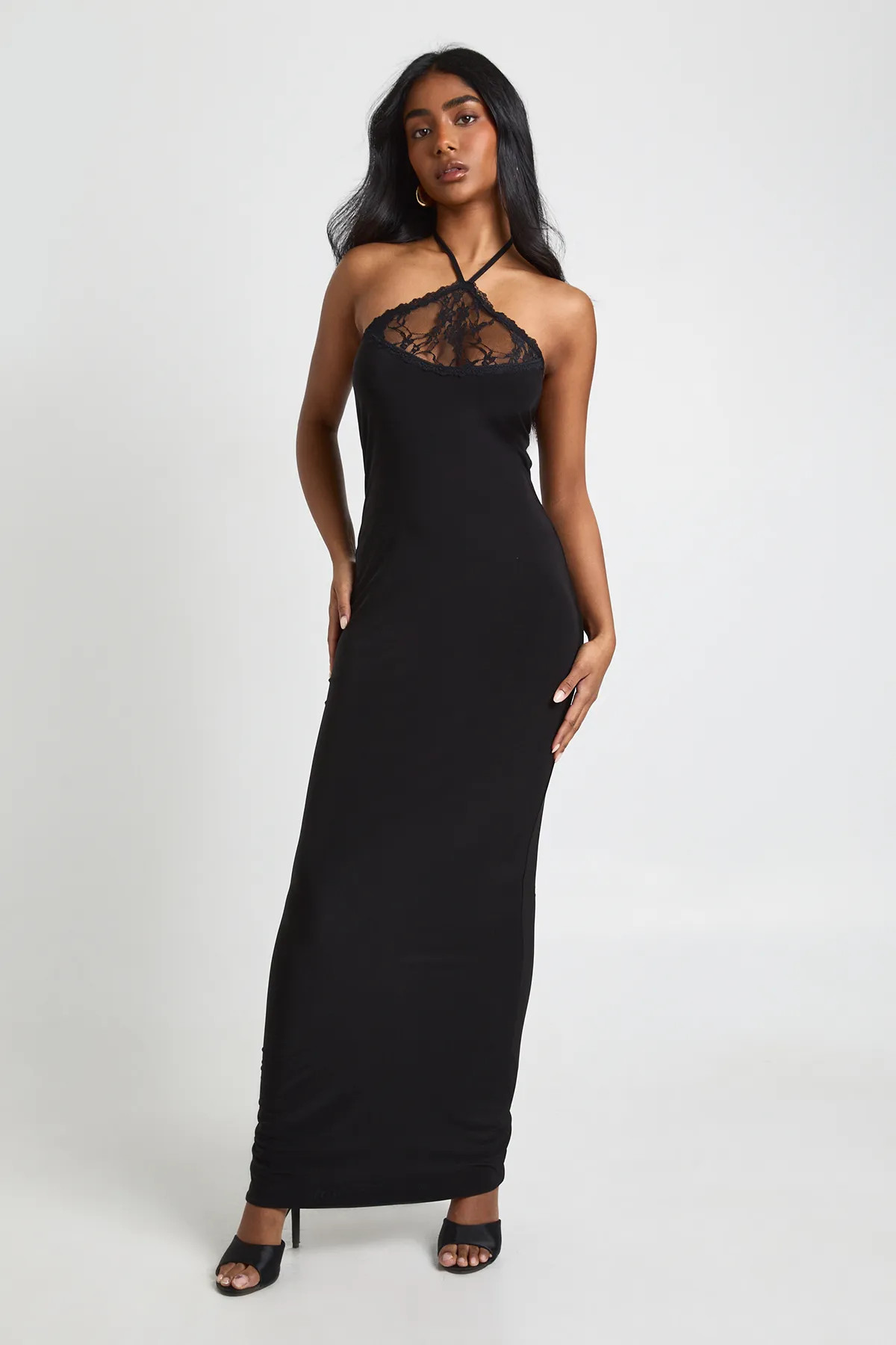 boohoo Slinky Maxi Dress With Lace Halterneck Detail | PrettyLittleThing US