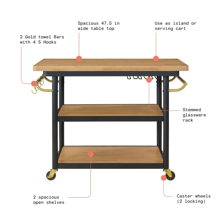 Beautiful Wheeled Kitchen Cart with 2 lower shelves by Drew Barrymore, Black Finish | Walmart (US)