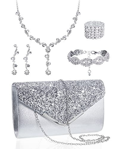 Henoyso 5 Pcs Purse Rhinestone Jewelry Set Prom Jewelry Rhinestone Clutch Purse Necklace Earrings Bracelets for Women Bride(Silver) | Amazon (US)