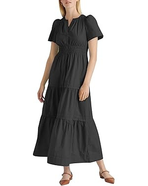 Womens Short Sleeve V Neck Elastic Waist Fall Maxi Dress Loose Fit Flowy Swing Tiered Beach Vacat... | Amazon (US)