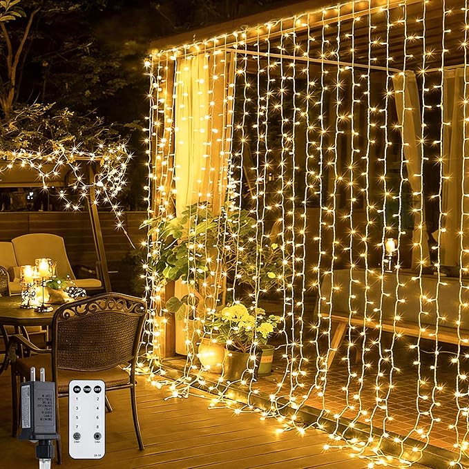 JMEXSUSS 300 LED Remote Control Christmas Curtain Lights, Plug in Fairy Curtain Lights Outdoor, W... | Amazon (US)